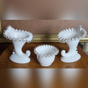 Fenton Silver Crest Collection w Two Cornucopia Candleholders & Bowl Milk Glass